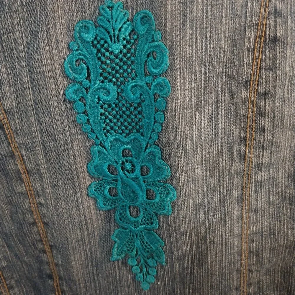 3248 Size Large Faded Glory Upcycled Jean Jacket With Crochet Trim In Dark Teal - Picture 7 of 9